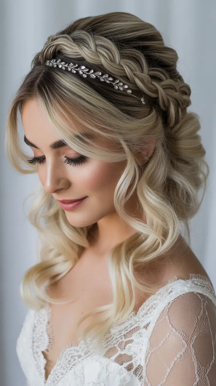 wedding hairstyles 2026 Loose Braided Crown With Soft Blonde Curls