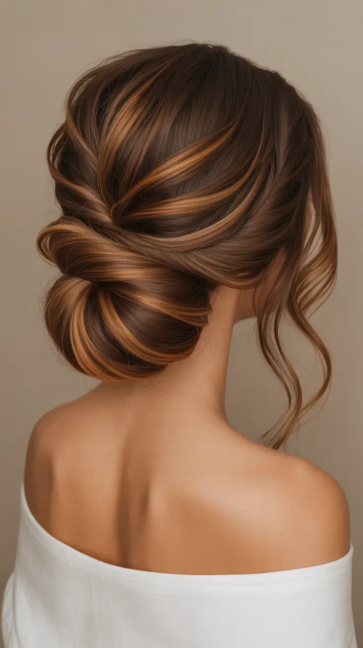 wedding hairstyles 2026 Twisted Caramel Low Bun With Seamless Finish