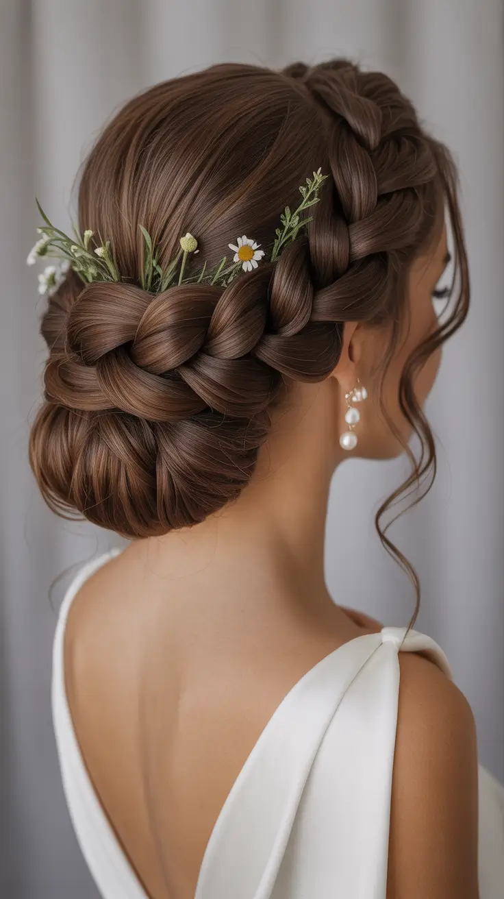 wedding hairstyles 2026 Rustic Braided Bun With Wildflower Accents