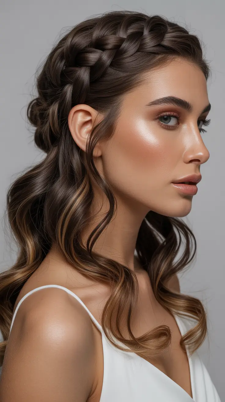wedding hairstyles 2026 Boho Milkmaid Braid With Flowing Waves
