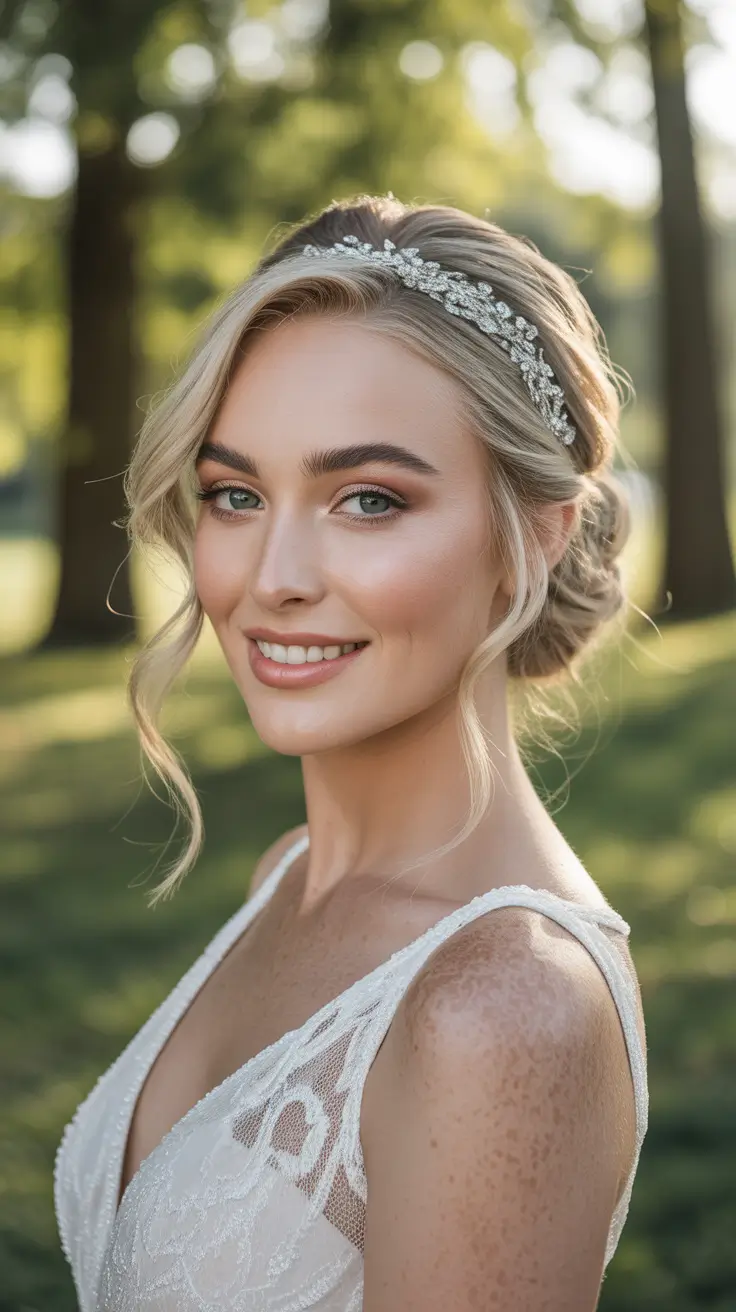 wedding hairstyles 2026 Soft Twisted Updo With Floral Tiara