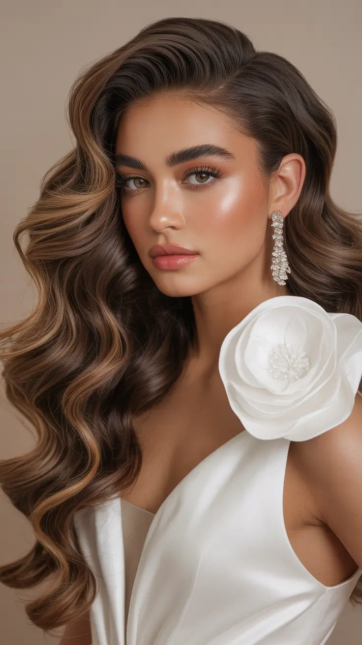 wedding hairstyles 2026 Voluminous Glamour Waves With a Bold Part