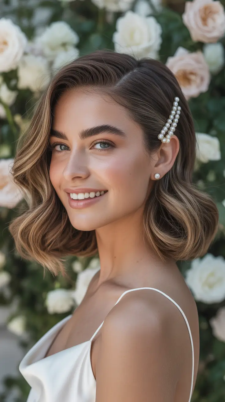 wedding hairstyles 2026 Modern Bob With Pearl Barrettes