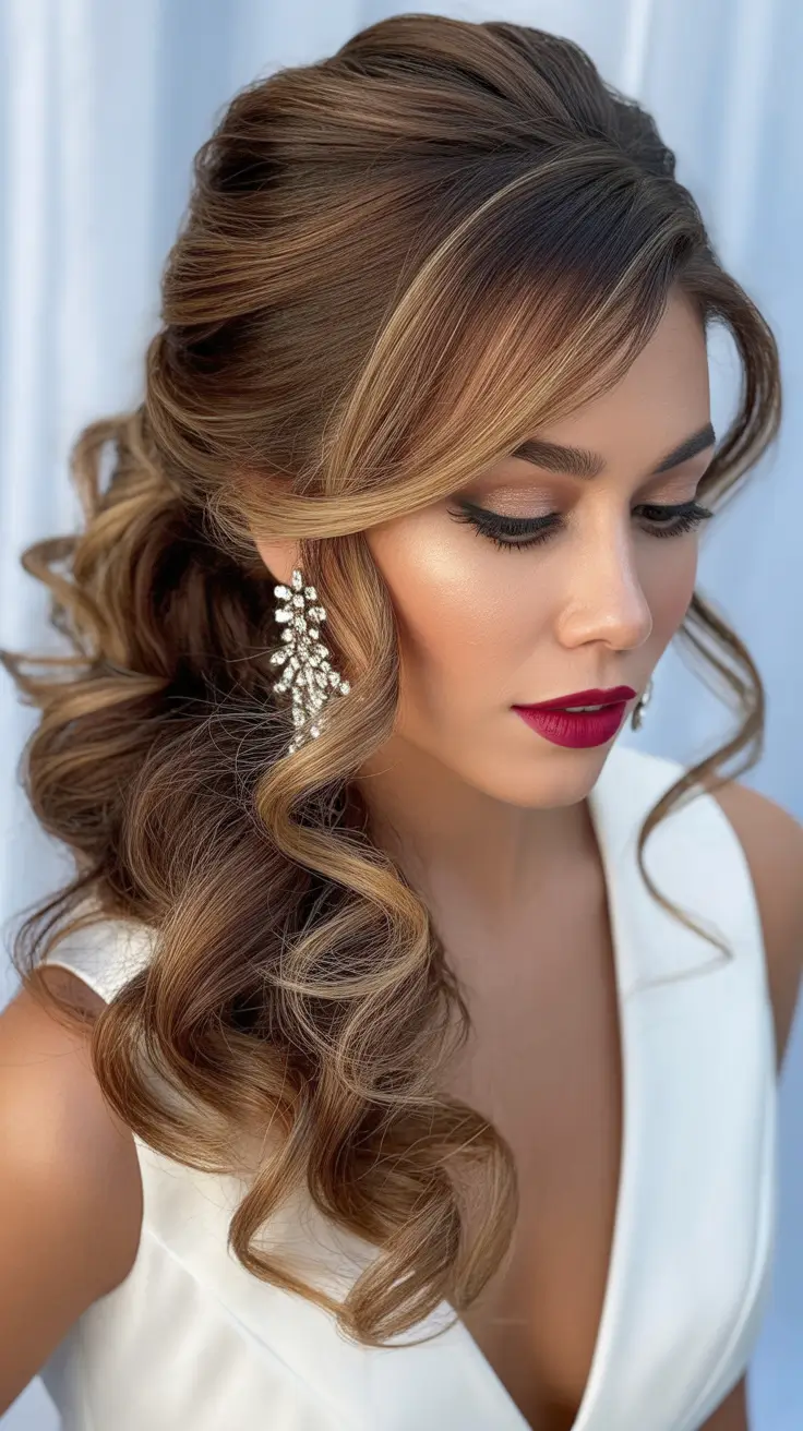 wedding hairstyles 2026 Half-Up Hollywood Curls With Volume