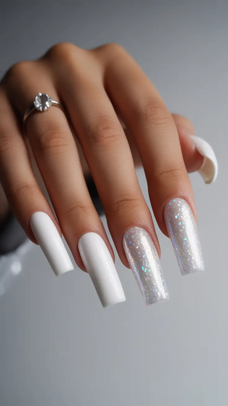 White Nail Designs 2026 White Gloss & Holographic Sparkle: The Chic Minimalist's Dream
