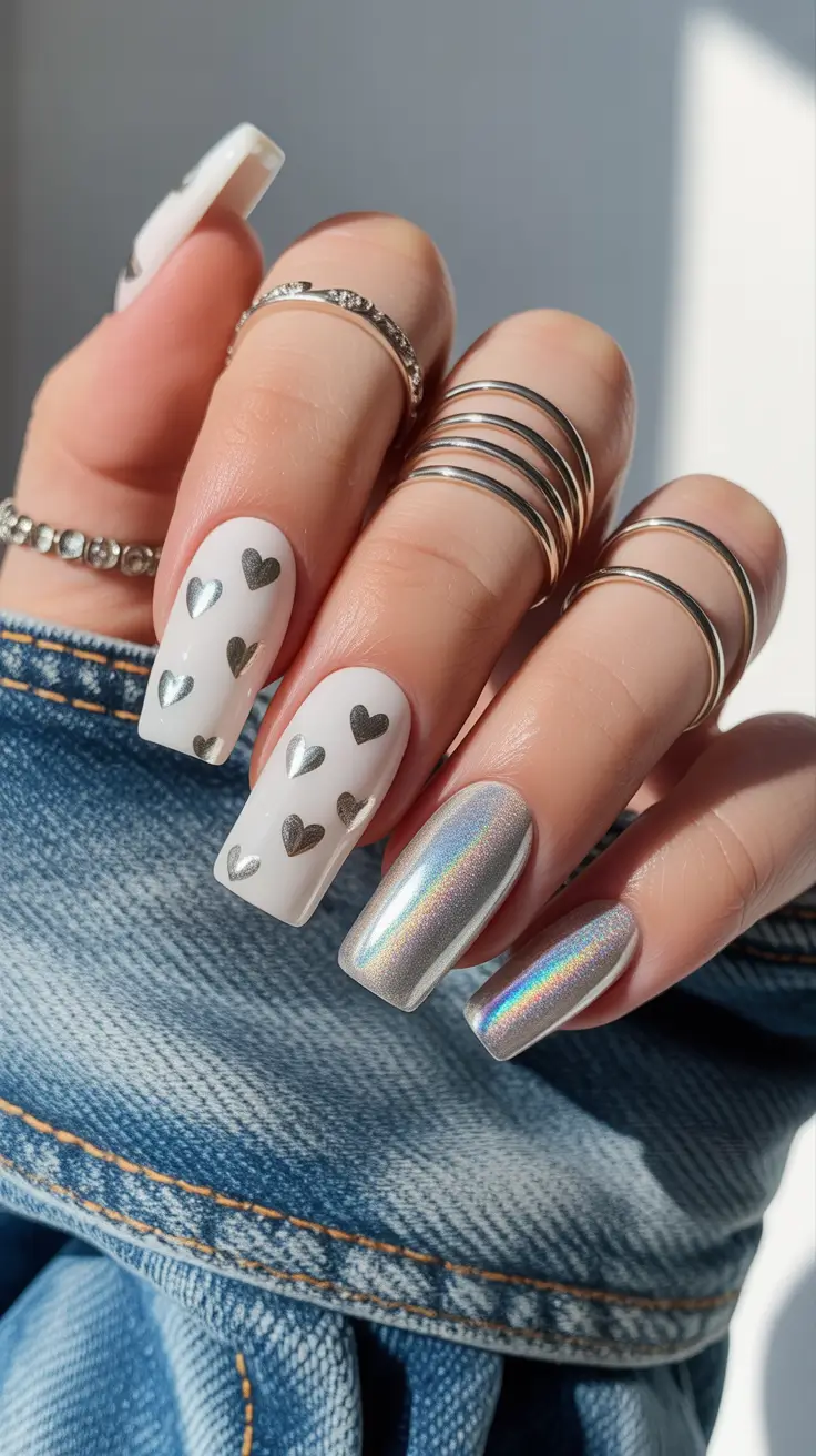 White Nail Designs 2026 Metallic Love Meets Chrome Couture