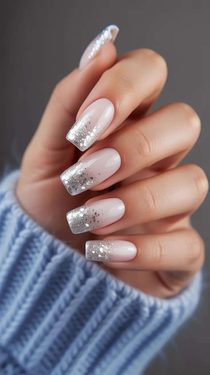 White Nail Designs 2026 Glitter French Fade for Cold Weather Glam