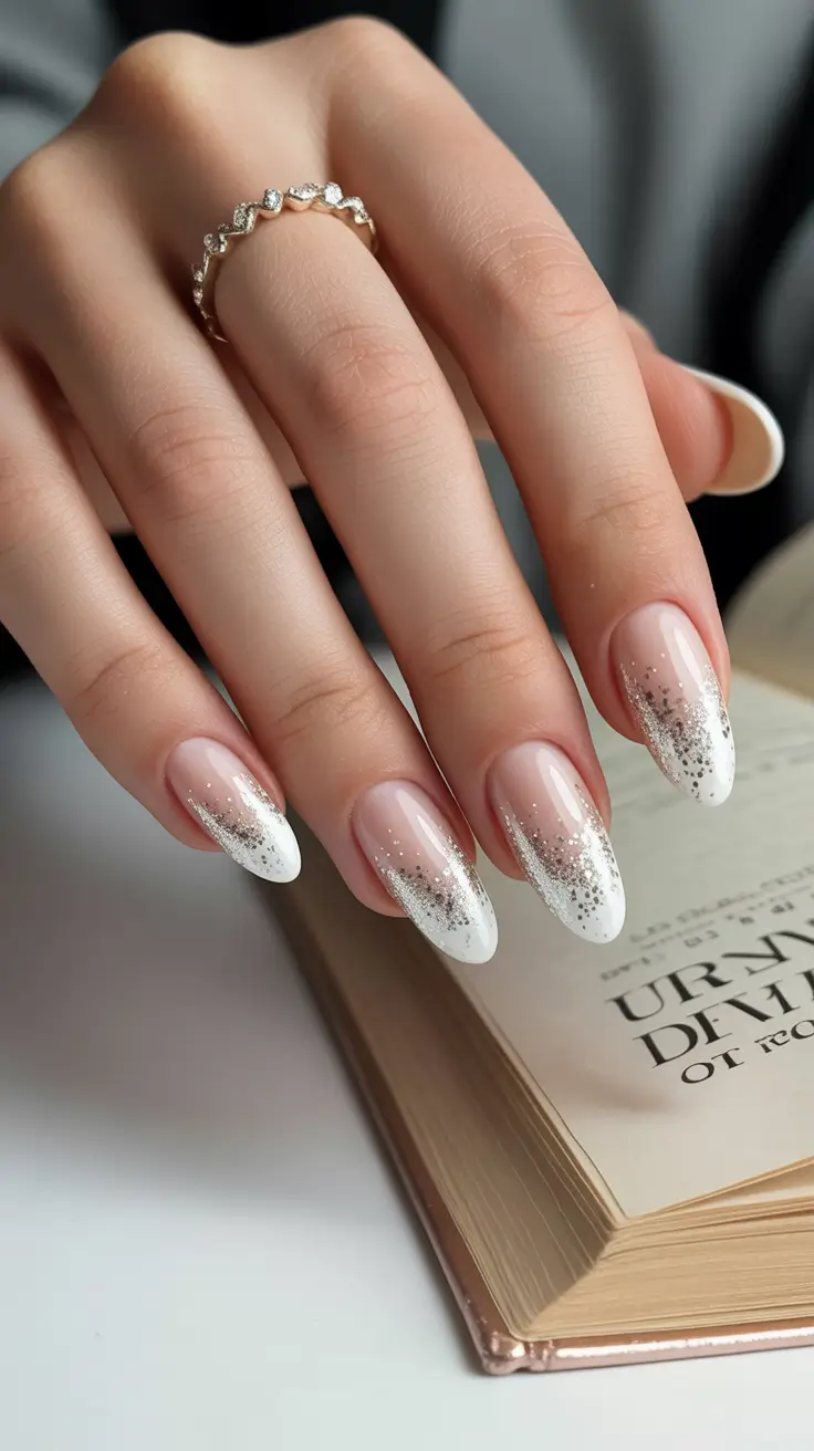 White Nail Designs 2026 Frosted Dip with Starry Dust