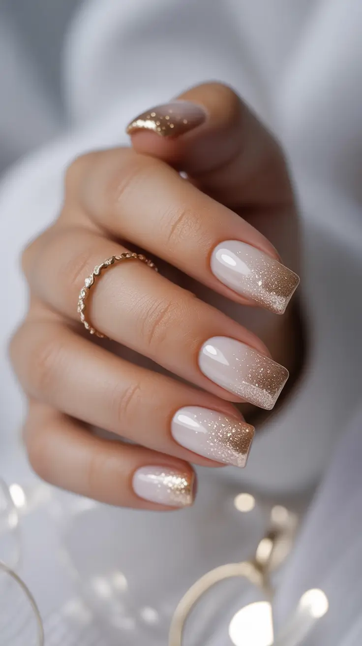 White Nail Designs 2026 Champagne Glitter Fade for Cozy Luxe