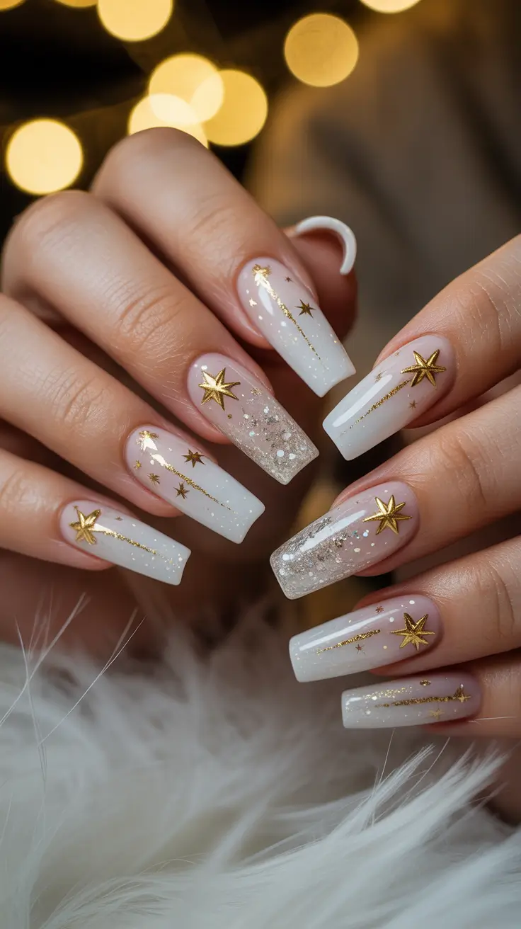 White Nail Designs 2026 Celestial White Nails with Golden Stars