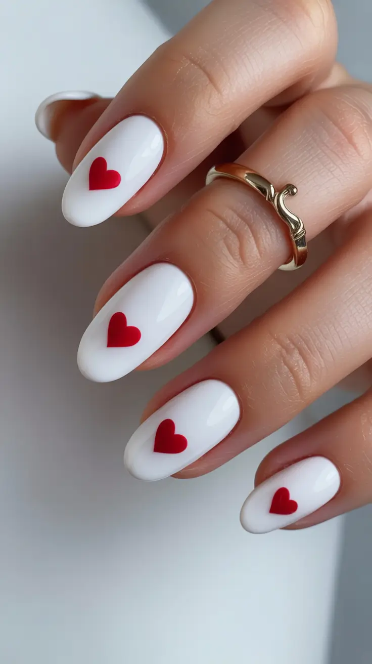 White Nail Designs 2026 Pop Red Hearts on Bright White