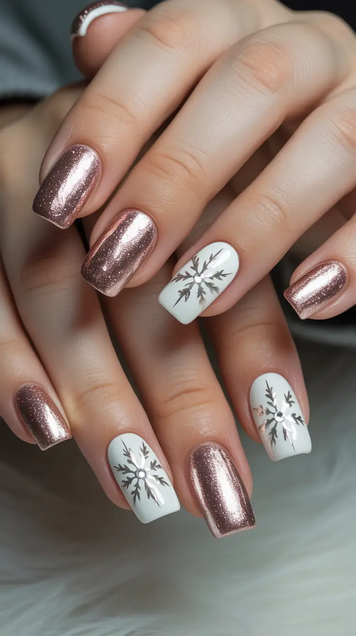 White Nail Designs 2026 Rose Gold Snowflakes for Frosty Femme Energy