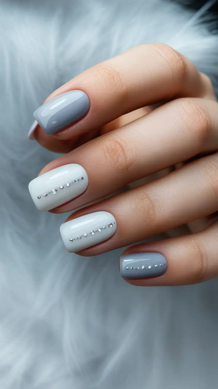 White Nail Designs 2026 Cool Tone Contrast with Crystal Lines