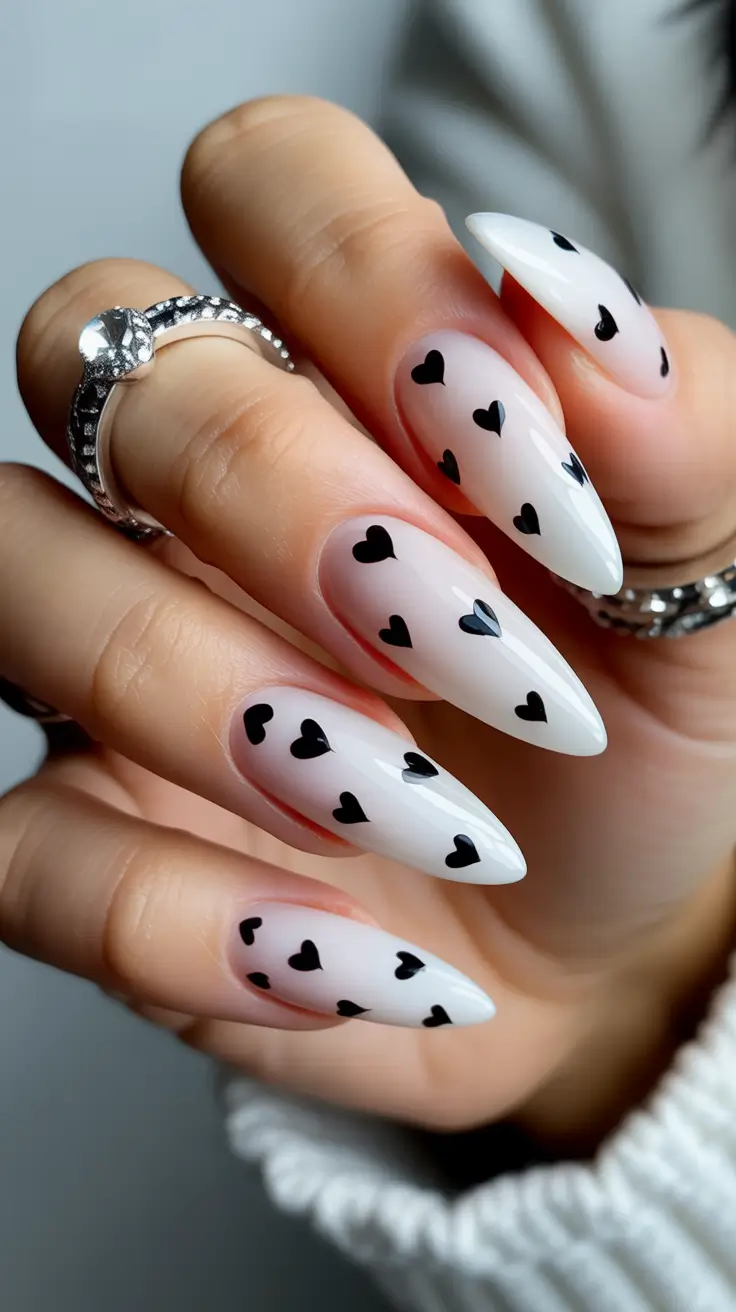 White Nail Designs 2026 Black Hearts on Almond White: Playful Yet Poised