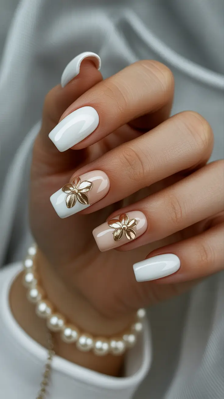 White Nail Designs 2026 Golden Petal Accent on Soft Nude & White