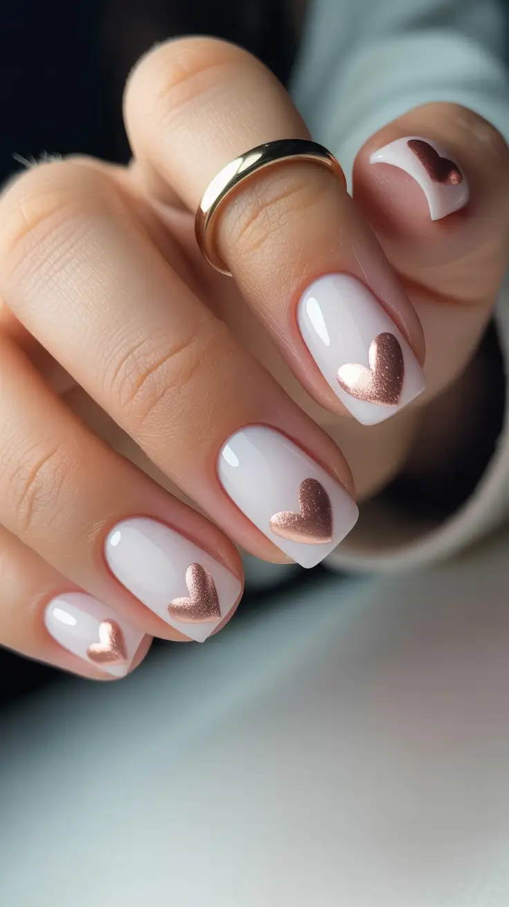 White Nail Designs 2026 Rosy Metallic Hearts on a Clean White Base