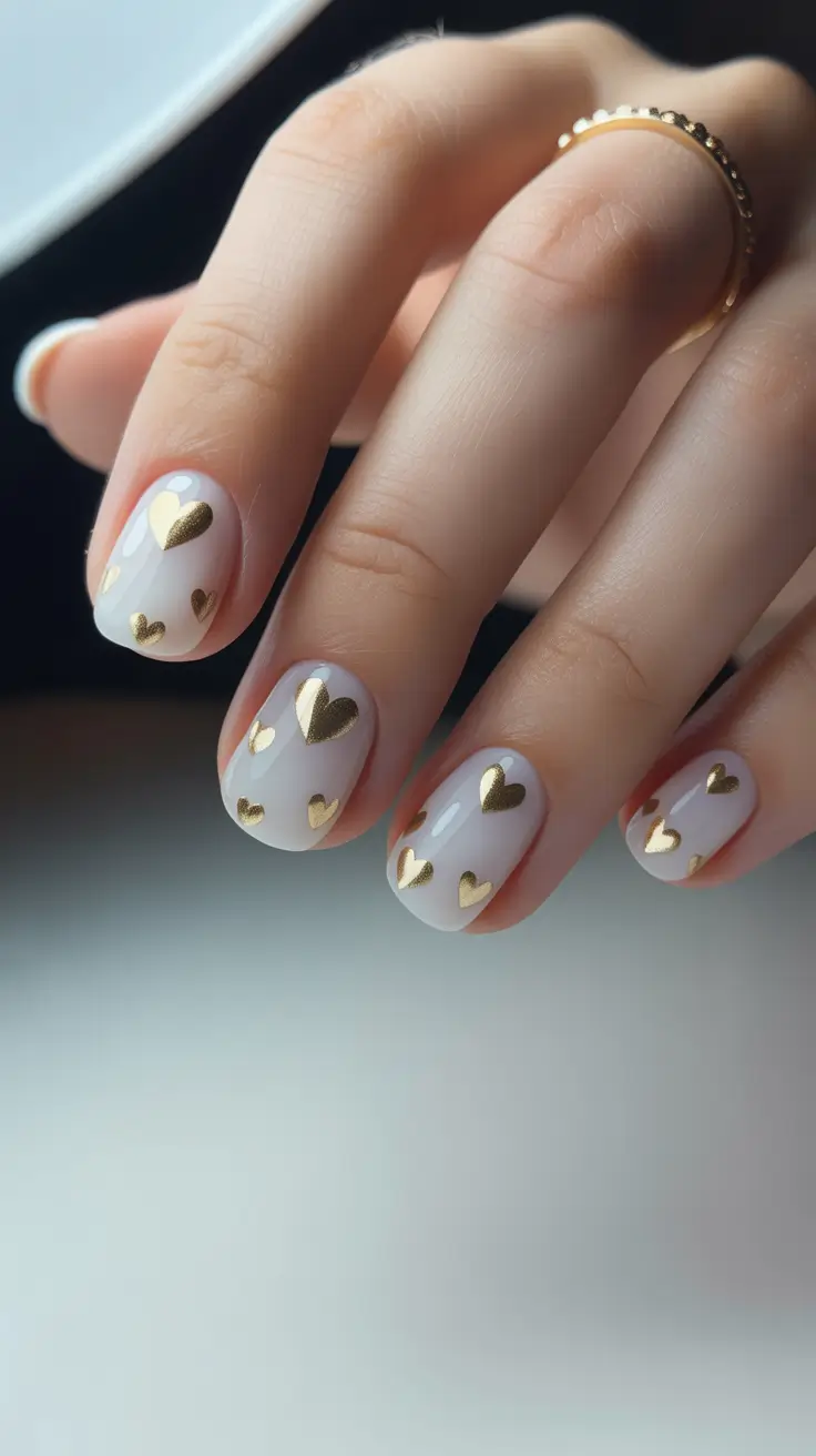 White Nail Designs 2026 Miniature Gold Hearts on Barely-There White