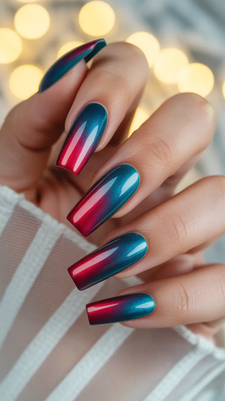 aura nail designs 2026 Red-to-Teal Aura With High-Gloss Drama