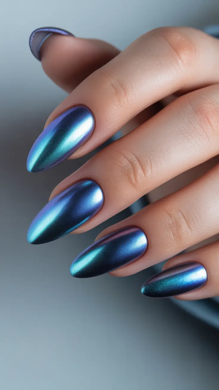 aura nail designs 2026 Iridescent Blue Aura With Liquid Metal Finish