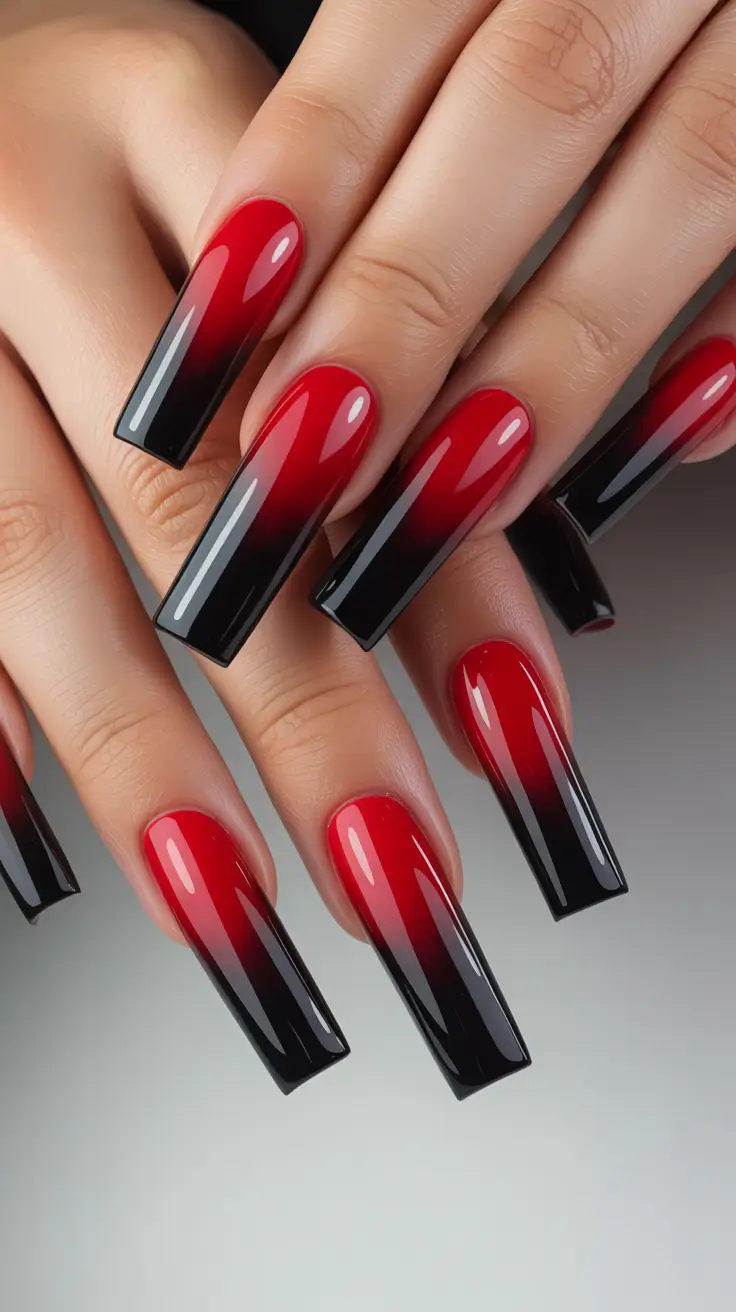 aura nail designs 2026 Red-to-Black Aura With Sharp Graphic Contrast