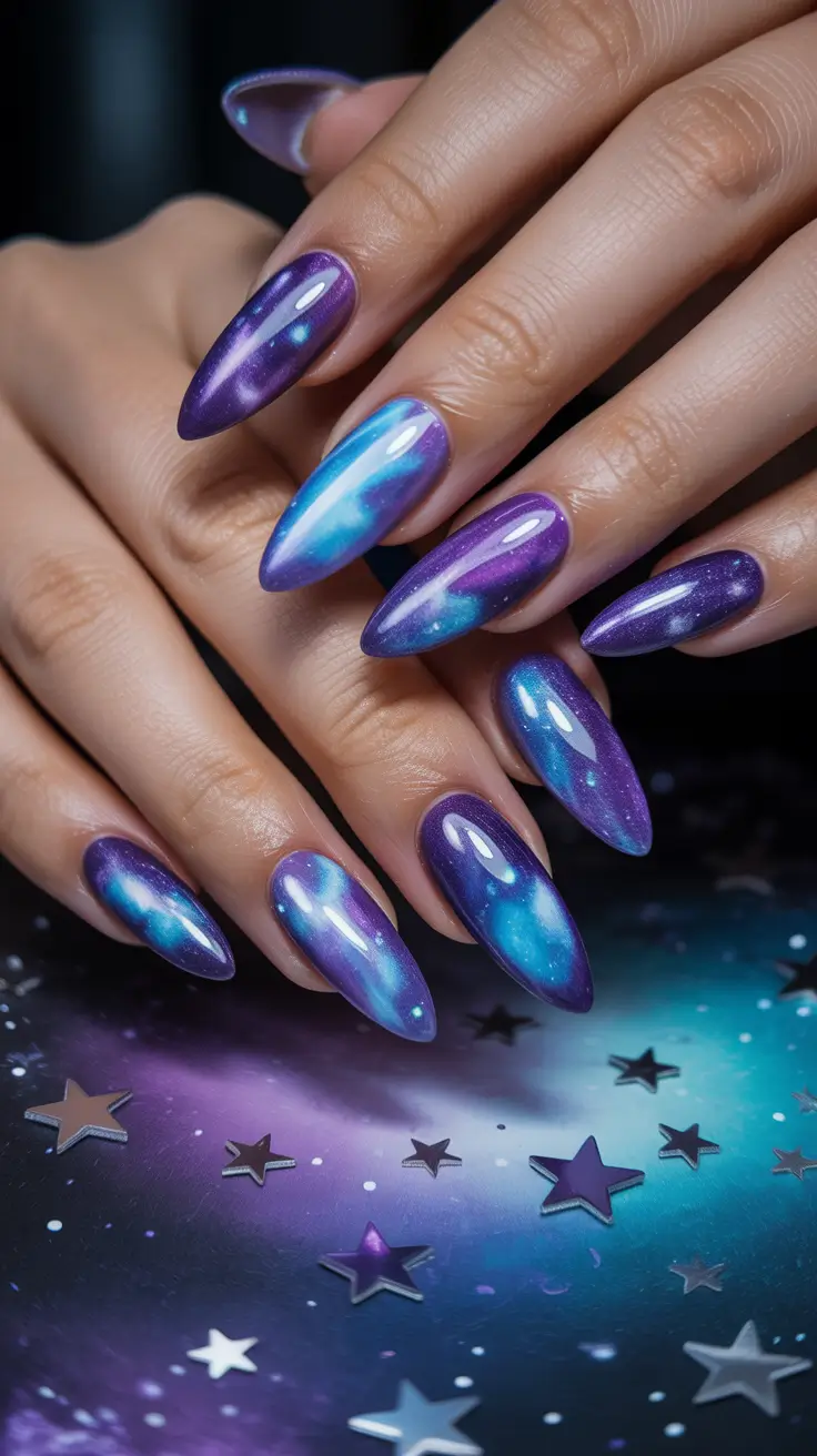 aura nail designs 2026 Cosmic Violet Aura With Celestial Depth