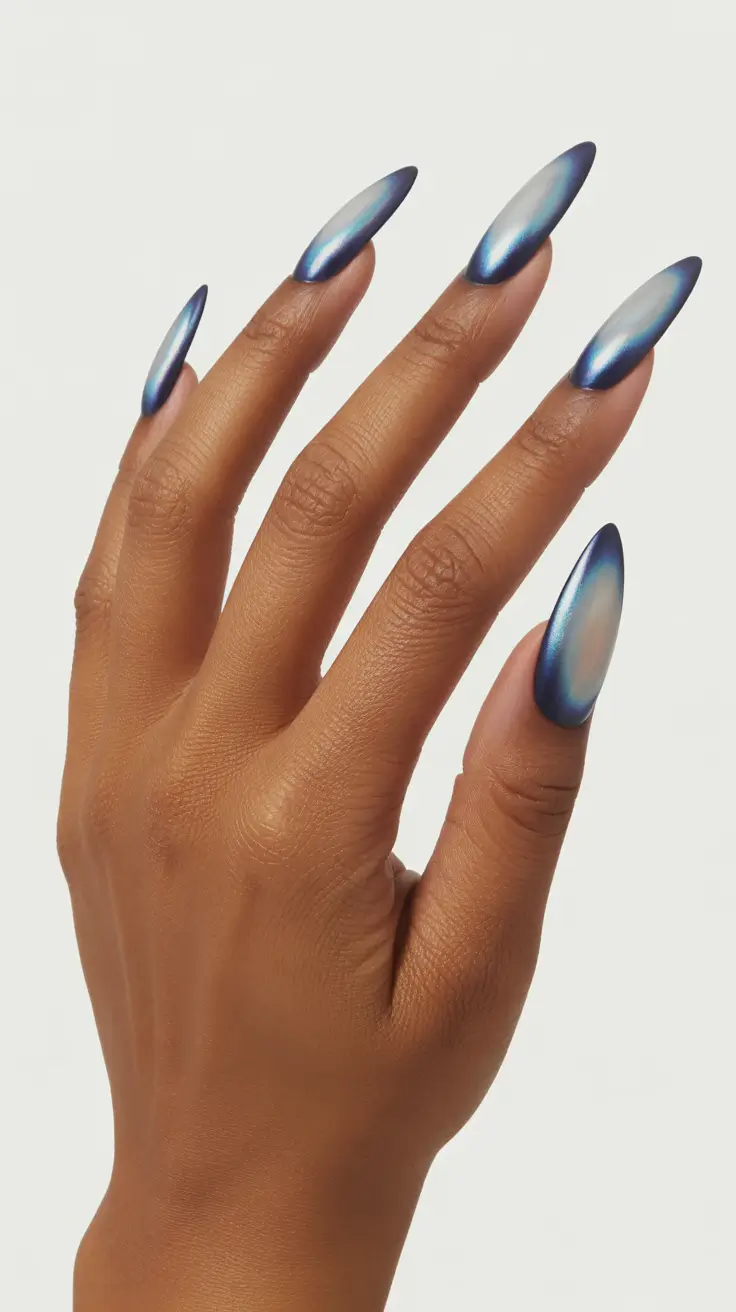 aura nail designs 2026 Silvery Blue Aura With Soft-Glow Minimalism