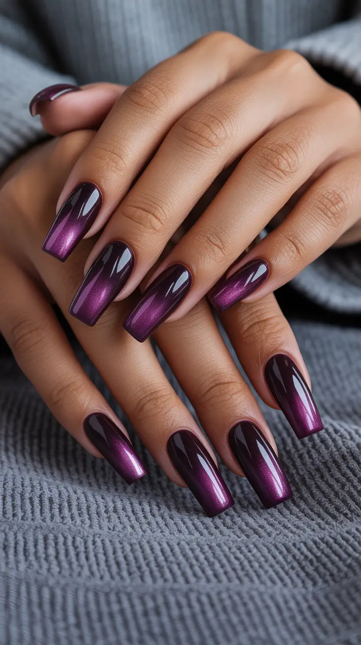 aura nail designs 2026 Plum Metallic Aura With Structured Length