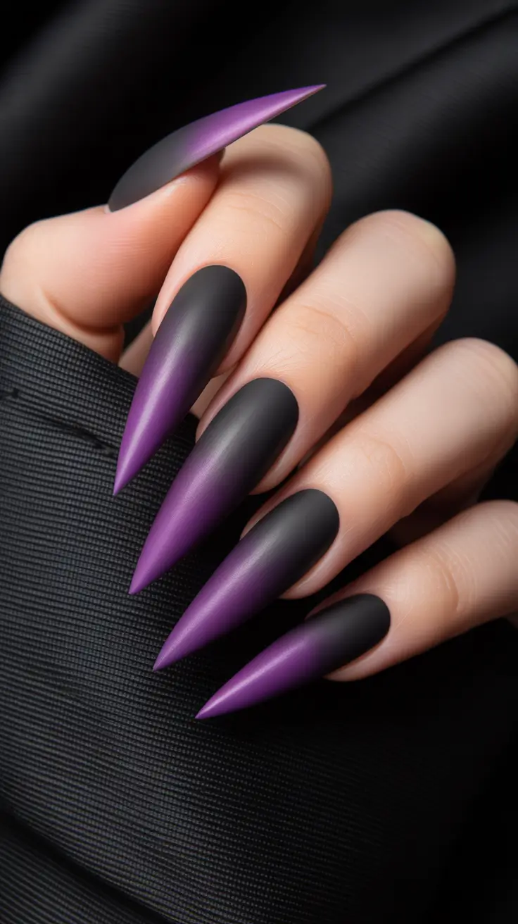 aura nail designs 2026 Matte Black-to-Violet Aura With Night Energy