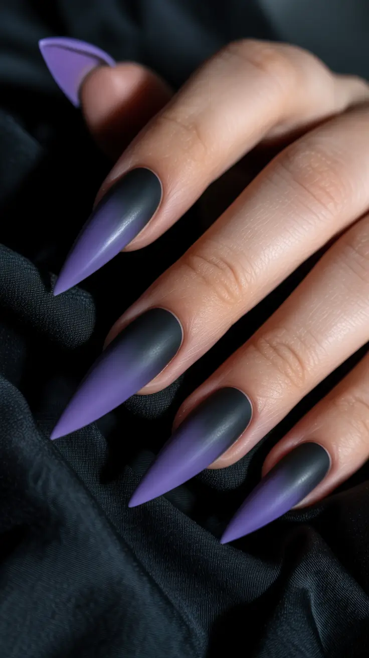 aura nail designs 2026 Matte Charcoal to Violet Aura With Graphic Precision
