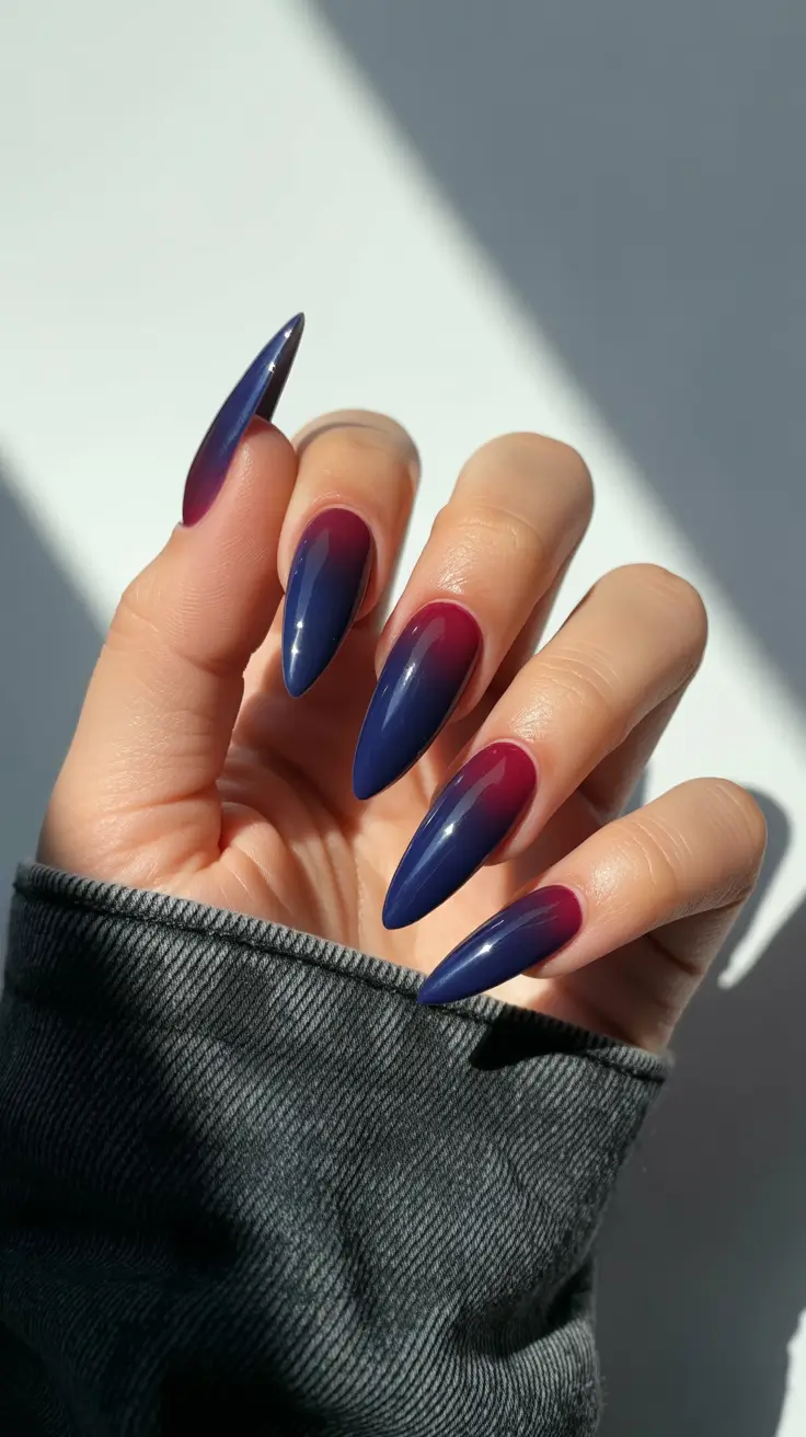 aura nail designs 2026 Midnight Blue and Wine Aura With Natural Light Depth