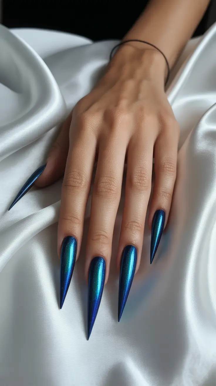 aura nail designs 2026 Iridescent Teal Aura With Sculptural Stiletto Shape