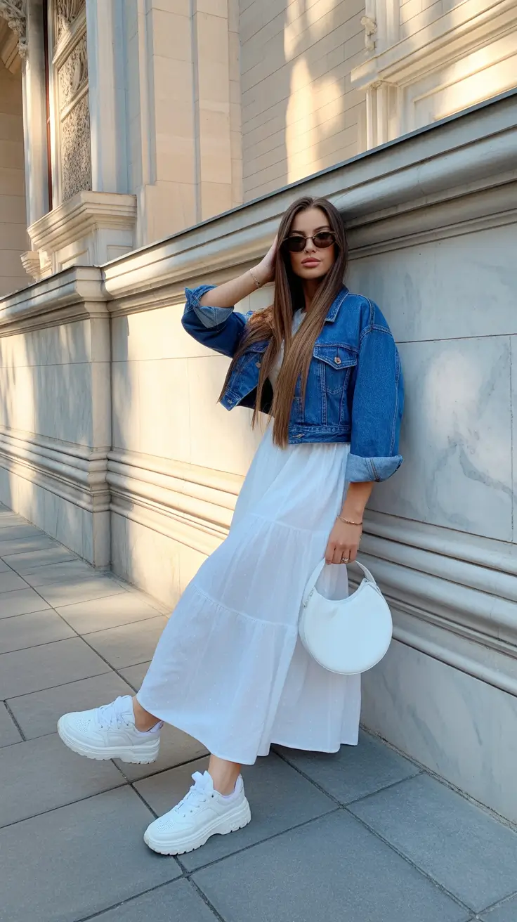 beautiful early spring outfits 2026 denim and white dress