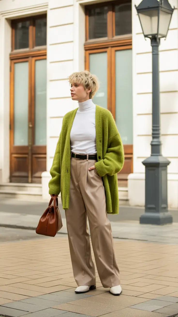 beautiful early spring outfits 2026 earth tones and green cardigan