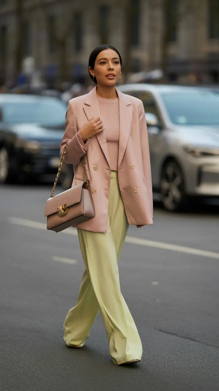 business casual spring office outfits 2026 Soft Pastels Anchored by Tailored Structure