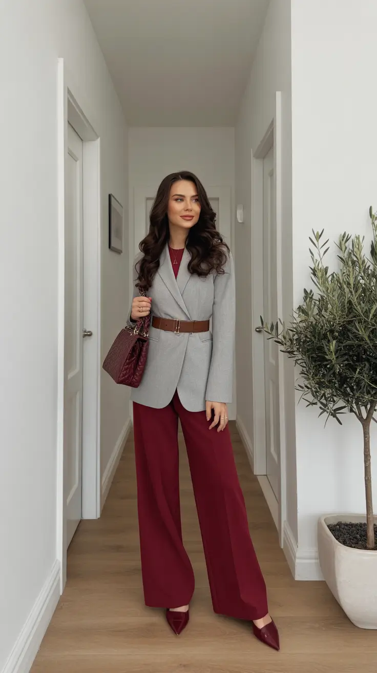 business casual spring outfits for 2026+Merlot Monochrome with a Touch of Grey