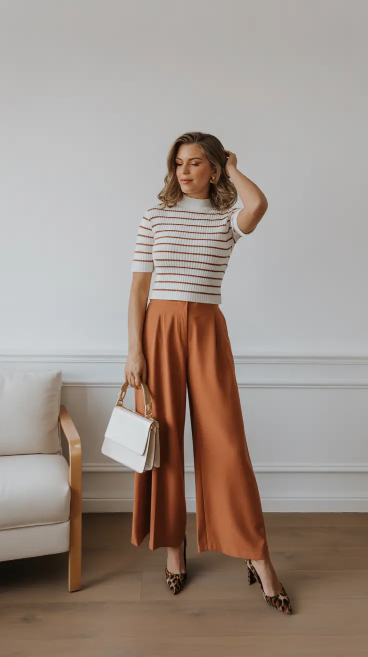 business casual spring outfits for 2026+Rust Tones and Retro Stripes