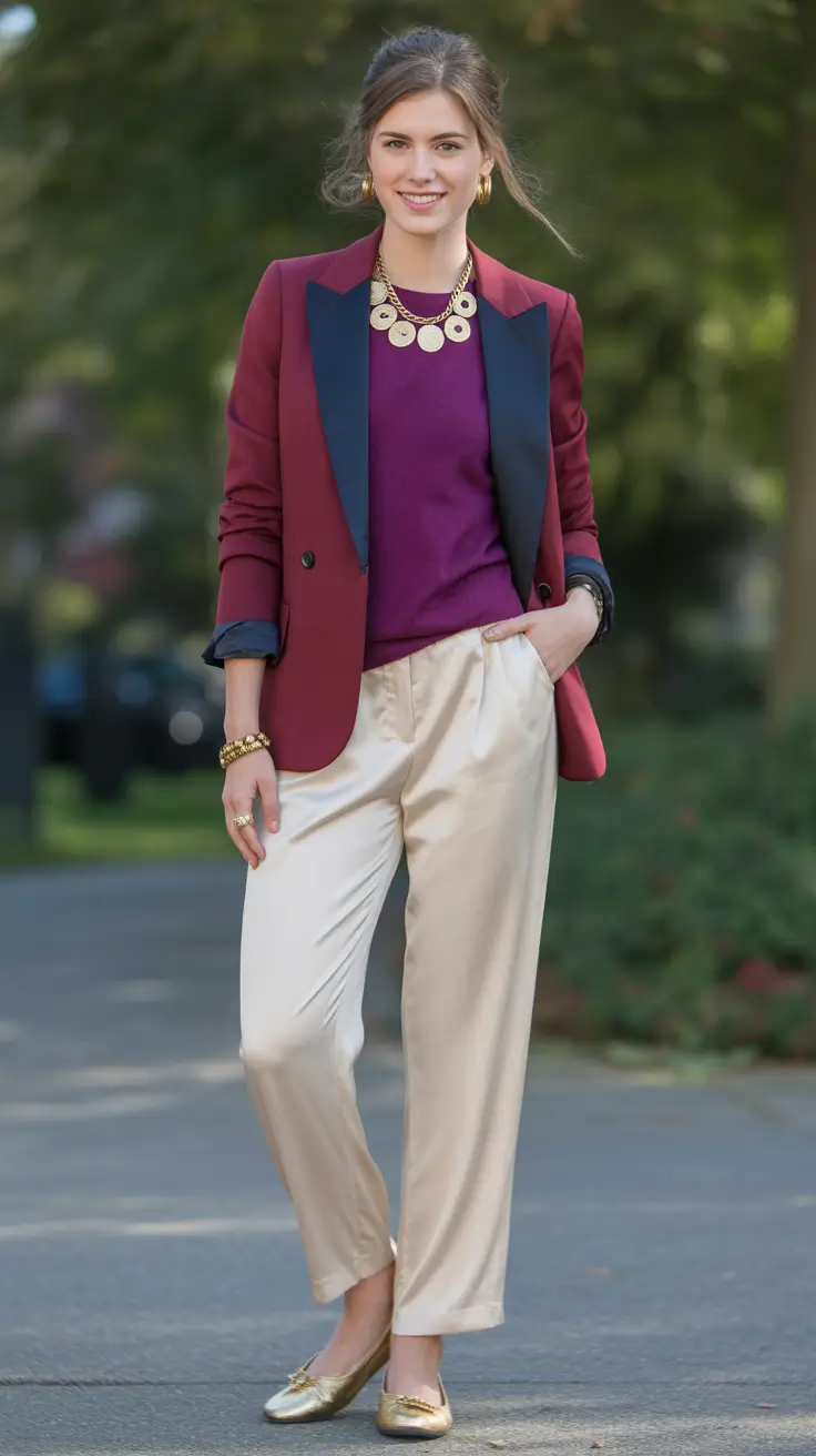 business casual spring outfits for 2026+Playful Royalty in Burgundy and Purple