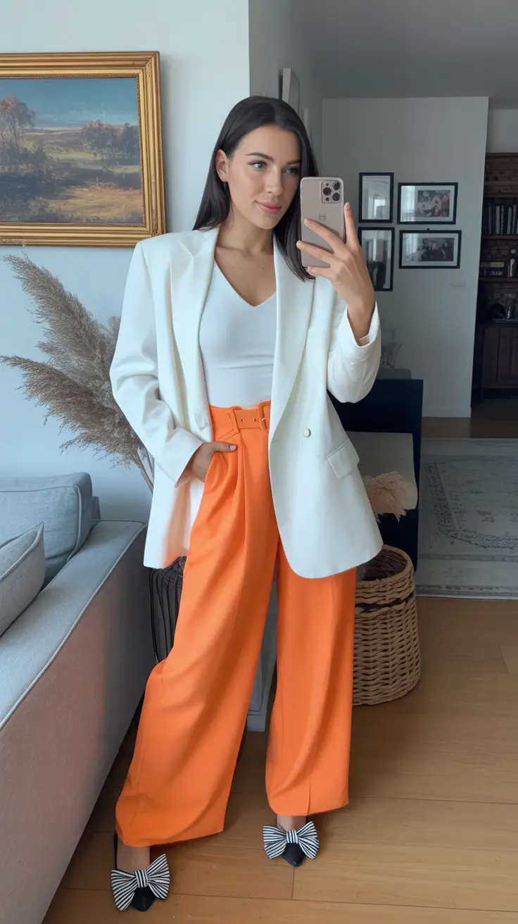 business casual spring outfits for 2026+White Blazer, Orange Pants: A Power Combo