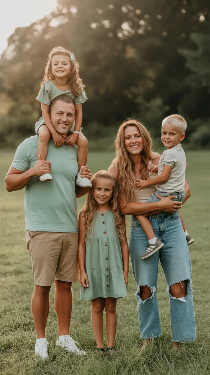 classy spring family pictures outfits for 2026 Casual Harmony in Muted Greens and Natural Denim