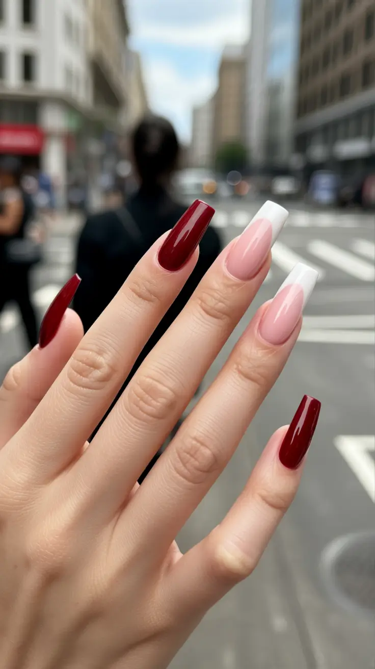 coffin nail designs 2026 Red and French Coffin Nails