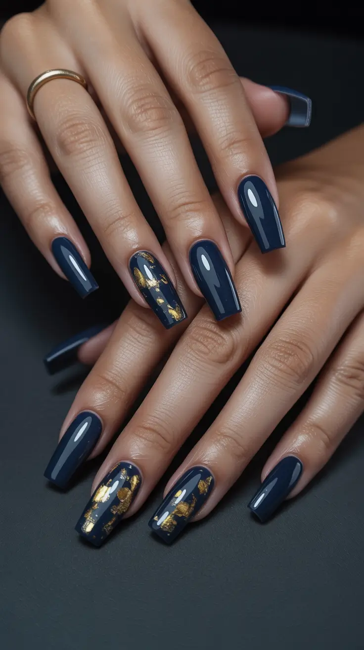 coffin nail designs 2026 Midnight Blue Coffin Nails With Gold Foil