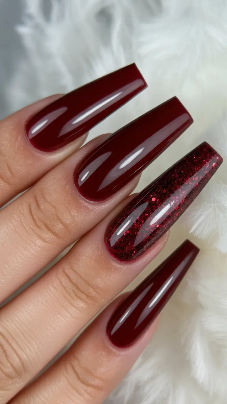 coffin nail designs 2026 Burgundy Coffin Nails With Glitter Accent