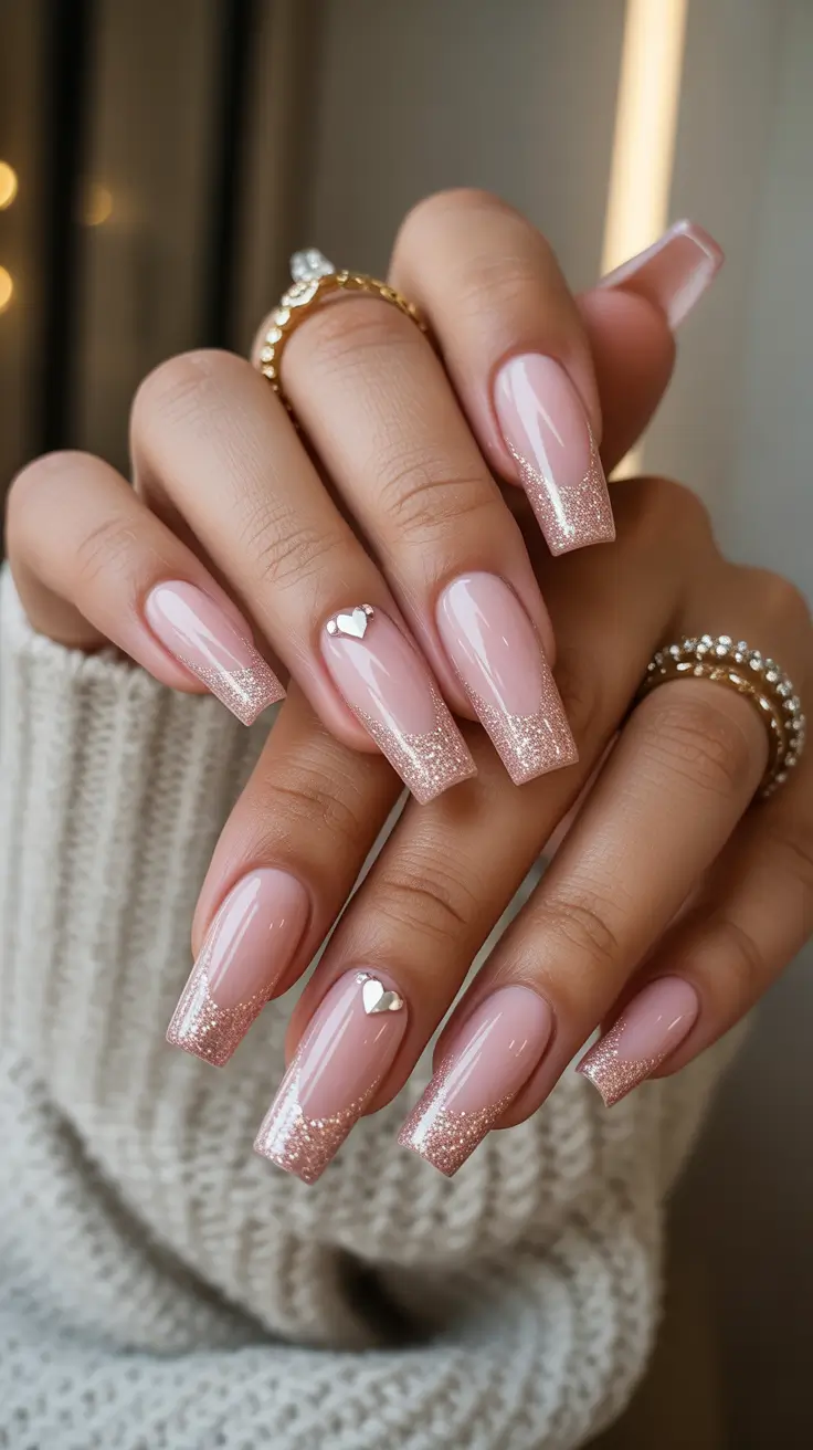 coffin nail designs 2026 Blush Coffin Nails With Glitter Tips