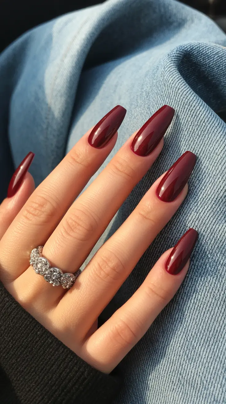 coffin nail designs 2026 Deep Cherry Coffin Nails