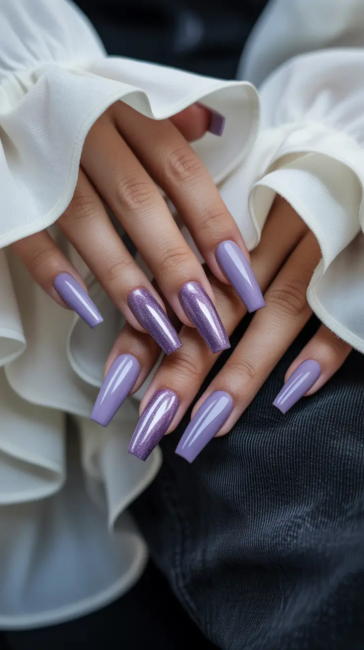 coffin nail designs 2026 Lilac Coffin Nails With Metallic Accent