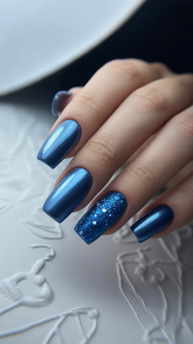 coffin nail designs 2026 Midnight Blue Coffin Nails With Glitter Accent
