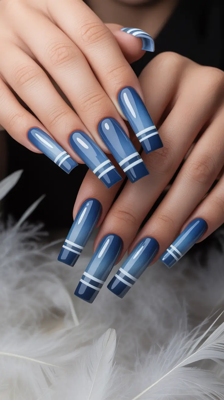 coffin nail designs 2026 Blue Coffin Nails With White Lines