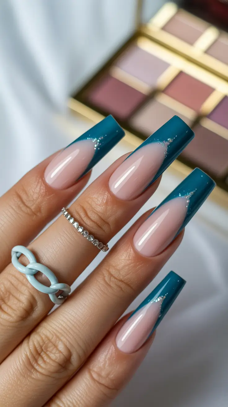 coffin nail designs 2026 Teal French Coffin Nails