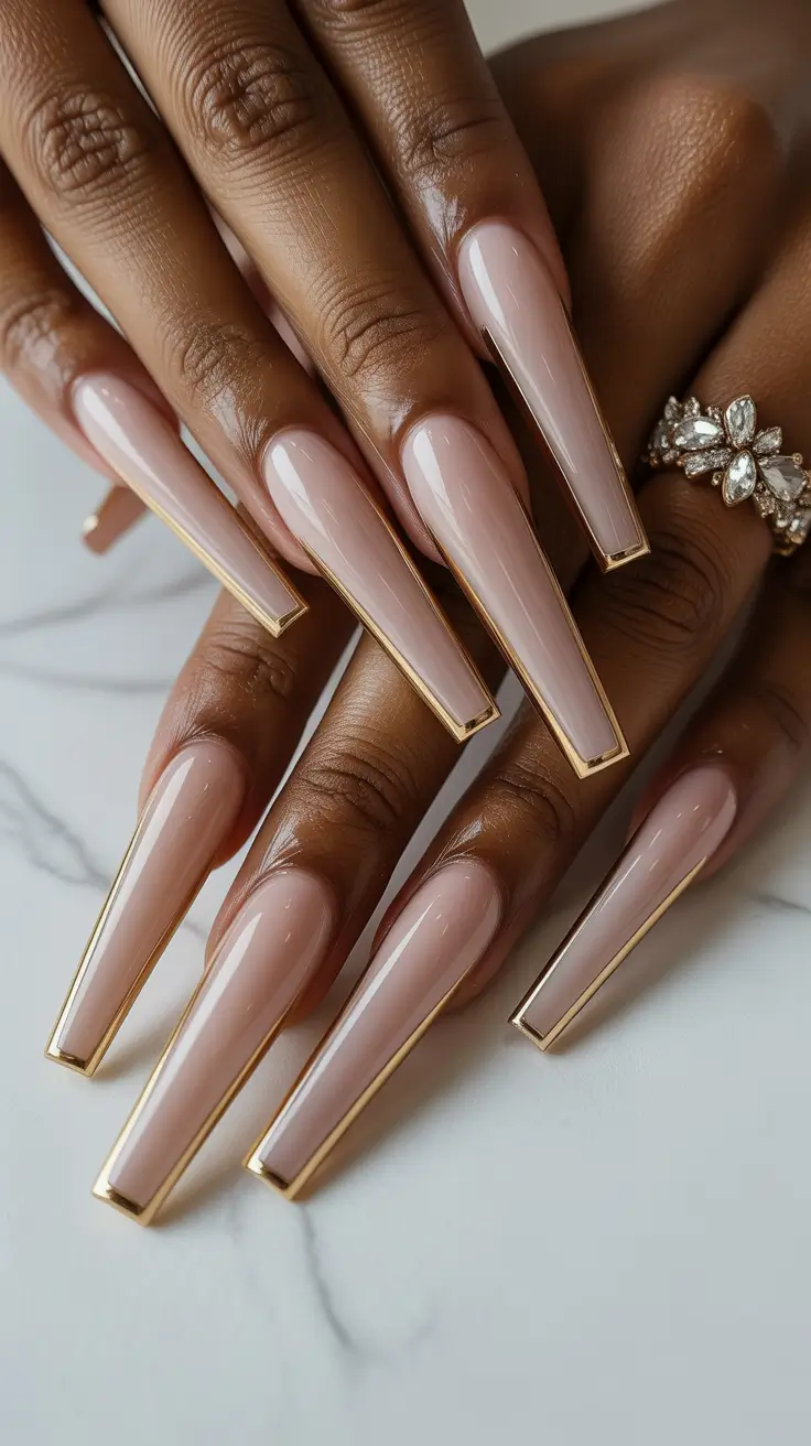 coffin nail designs 2026 Nude Coffin Nails With Metallic Edge