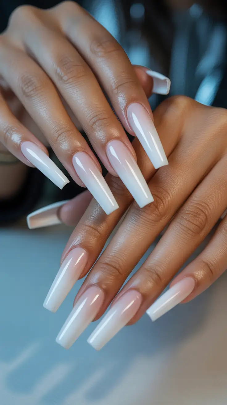 coffin nail designs 2026 Milky Ombre Coffin Nails